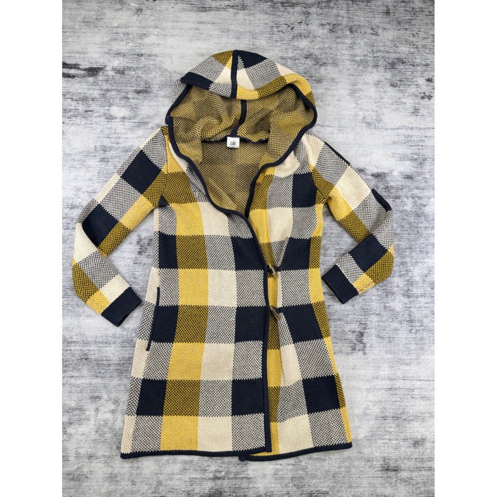 Cabi Womens Heritage Cardigan Yellow Navy Buffalo Plaid Hooded Sweater Coat XS